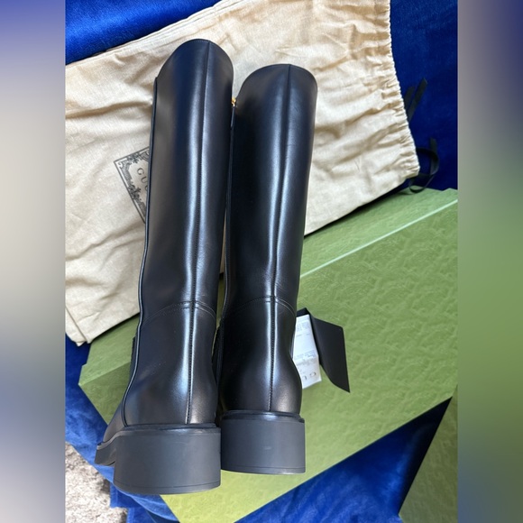 NEW GUCCI KNEE-HIGH LOGO BLACK LEATHER BOOTS -WOMEN US 10 EU 40 - Picture 5 of 12